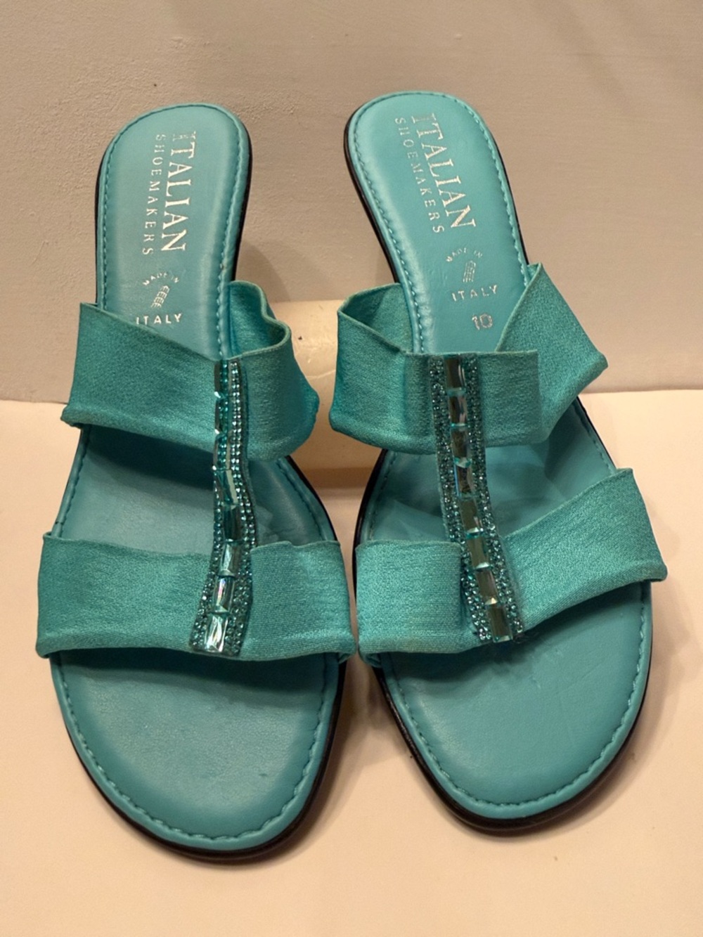 Italian Shoe Makers turquoise blue low wedge heels with bling womens